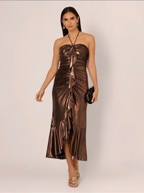 NWT Adrianna Papell Foil Ruched Ruffle Halter Midi Dress In Cinnamon Size 12